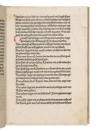 GREGORIUS I (Saint, c.540-604). Dialogorum libri quattuor , in German: Das buch der zwayer red mit ainander . Edited by Johannes von Speyer, with 5 other texts in German: TUNDALUS. De eius visio, sive de raptu animae: Die Gesicht Tundali . - BEDA. V isio Fursei: Das Wunderzeichen des Bishof Forsee . - Speculum mundi: Spiegel der Welt . - Ars moriendi: Kunst des Sterbens . - Cordiale quattuor novissimorum: Die vier letzte Dinge . [Augsburg: Johann Bamler at the Monastery of SS. Ulrich and Afra], 1473.
