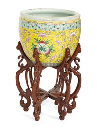 A Chinese Export Famille Jaune Jardinière on a Hardwood Stand