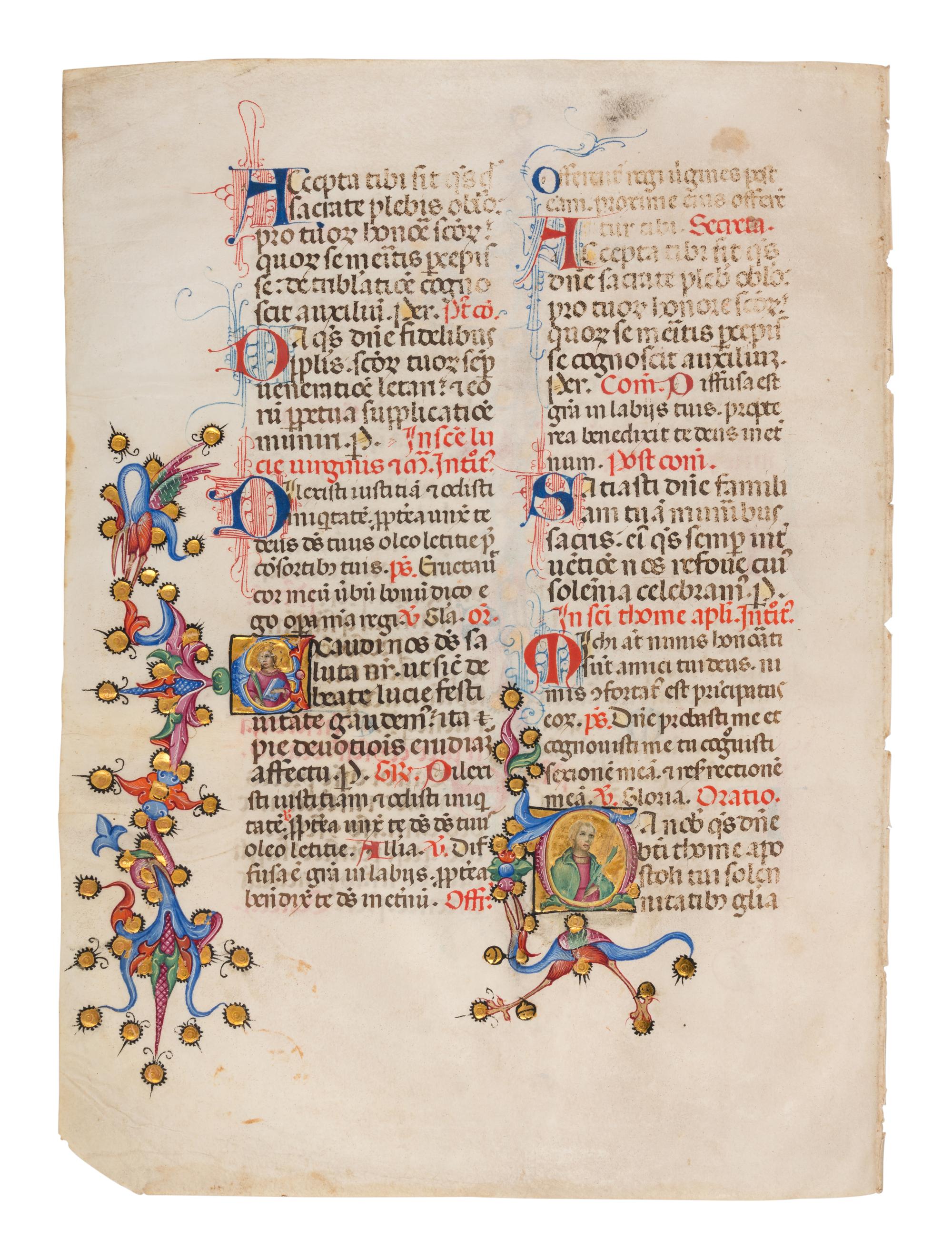 SANO DI PIETRO (Siena, 1405-1481) Two leaves from a Missal, including three historiated initials of St. Nicholas, St. Lucy, and St. Thomas, in Latin, illuminated manuscript on parchment [Italy, Siena, c. 1460-1470]