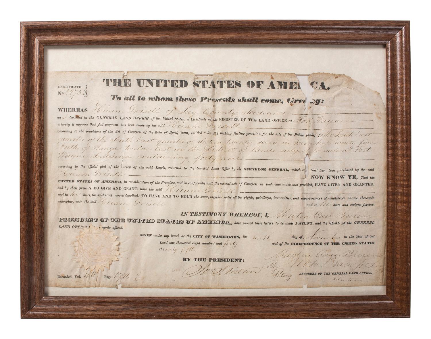 [VAN BUREN, Martin (1782-1862)]. A group of 2 secretarially signed land grants.