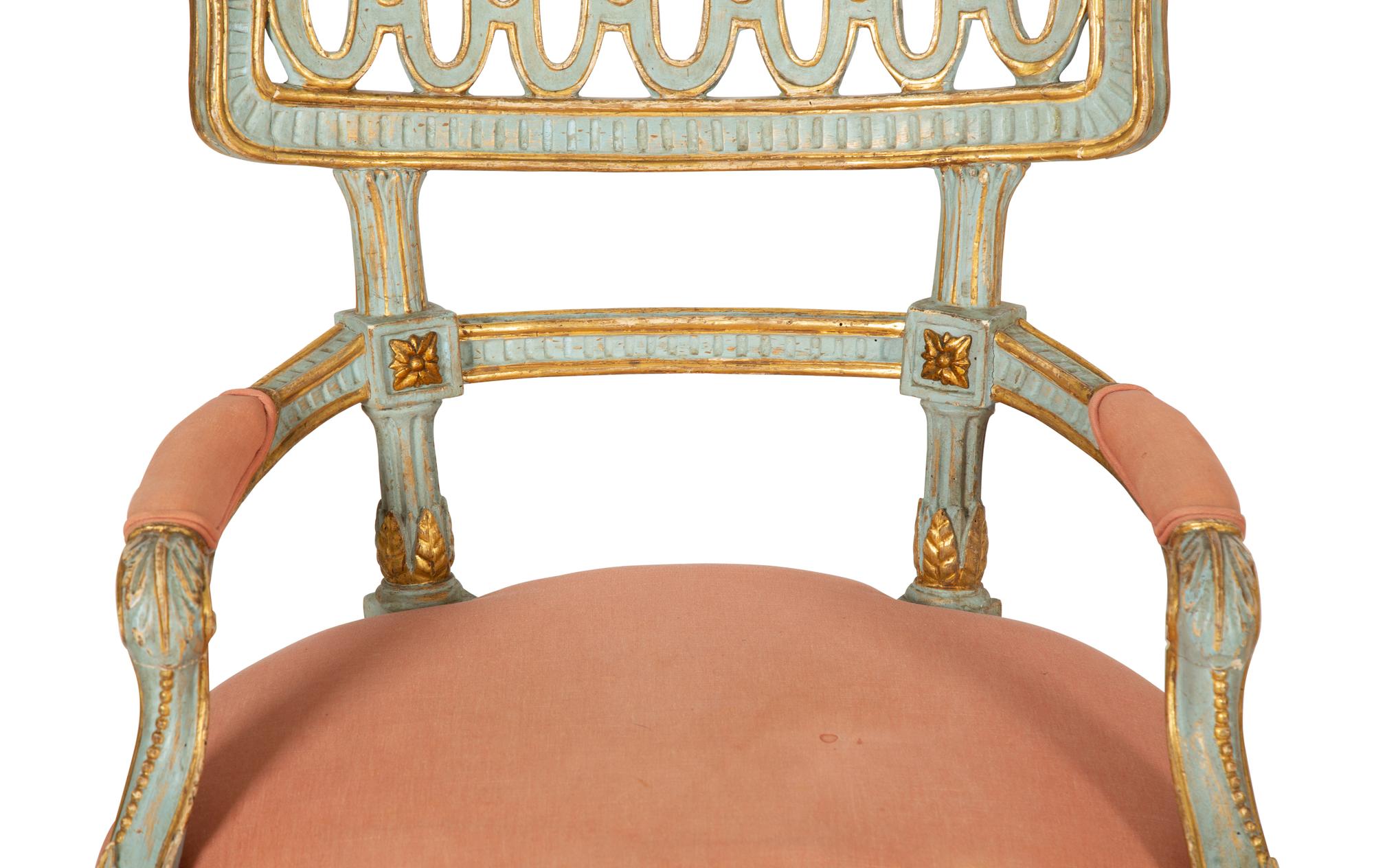A Pair of Venetian Painted and Parcel Gilt Armchairs
