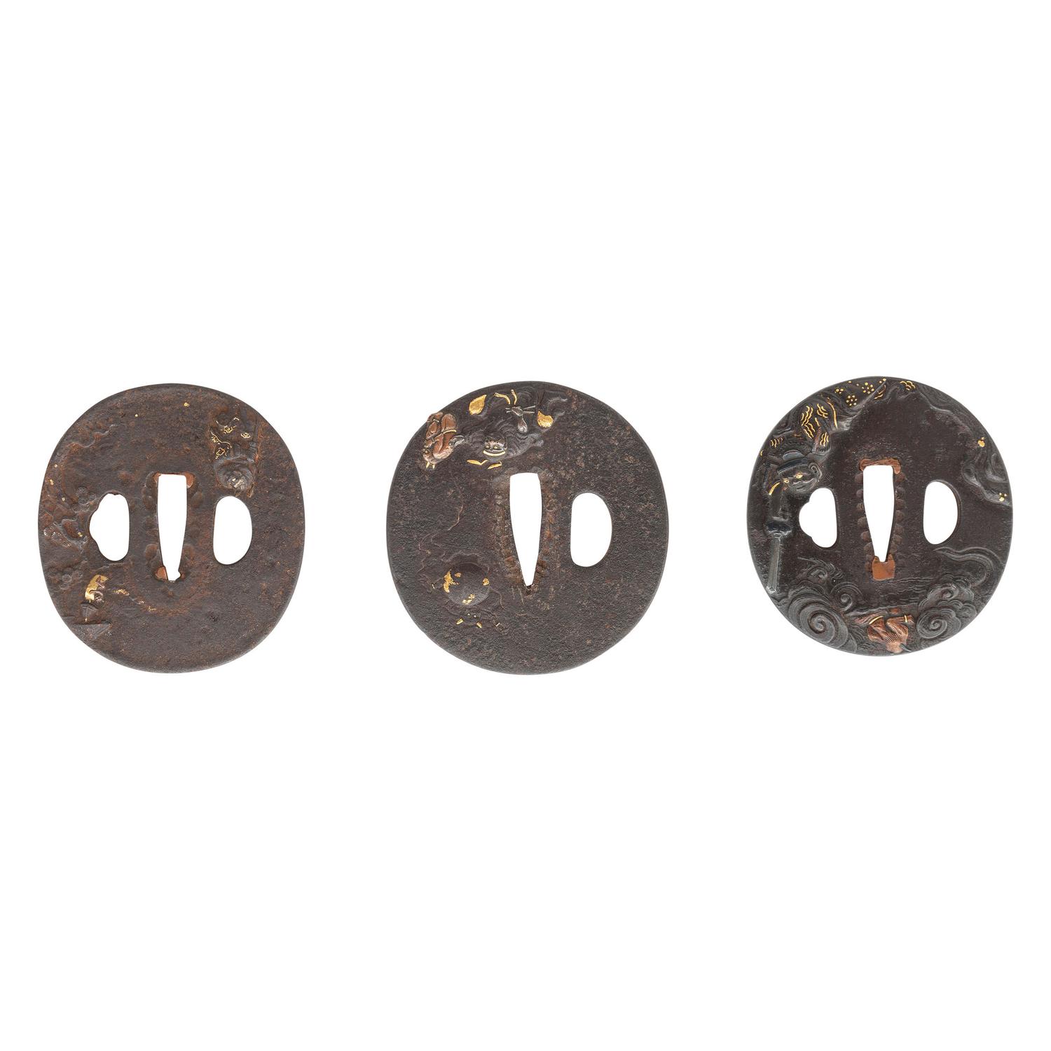 Lot of 3 Japanese Tsubas with Shoki and Oni Folkloric Motifs