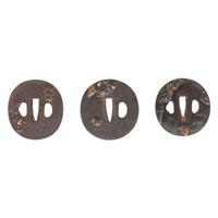 Lot of 3 Japanese Tsubas with Shoki and Oni Folkloric Motifs