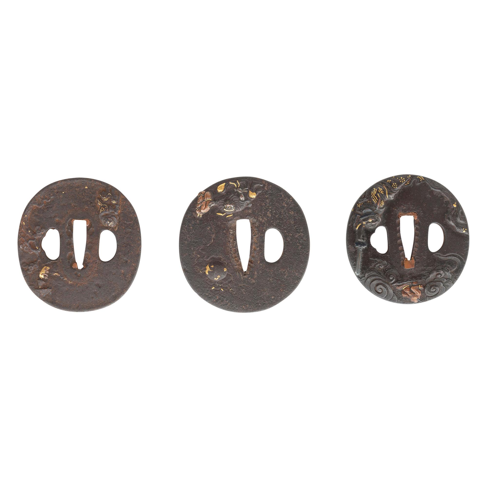 Lot of 3 Japanese Tsubas with Shoki and Oni Folkloric Motifs