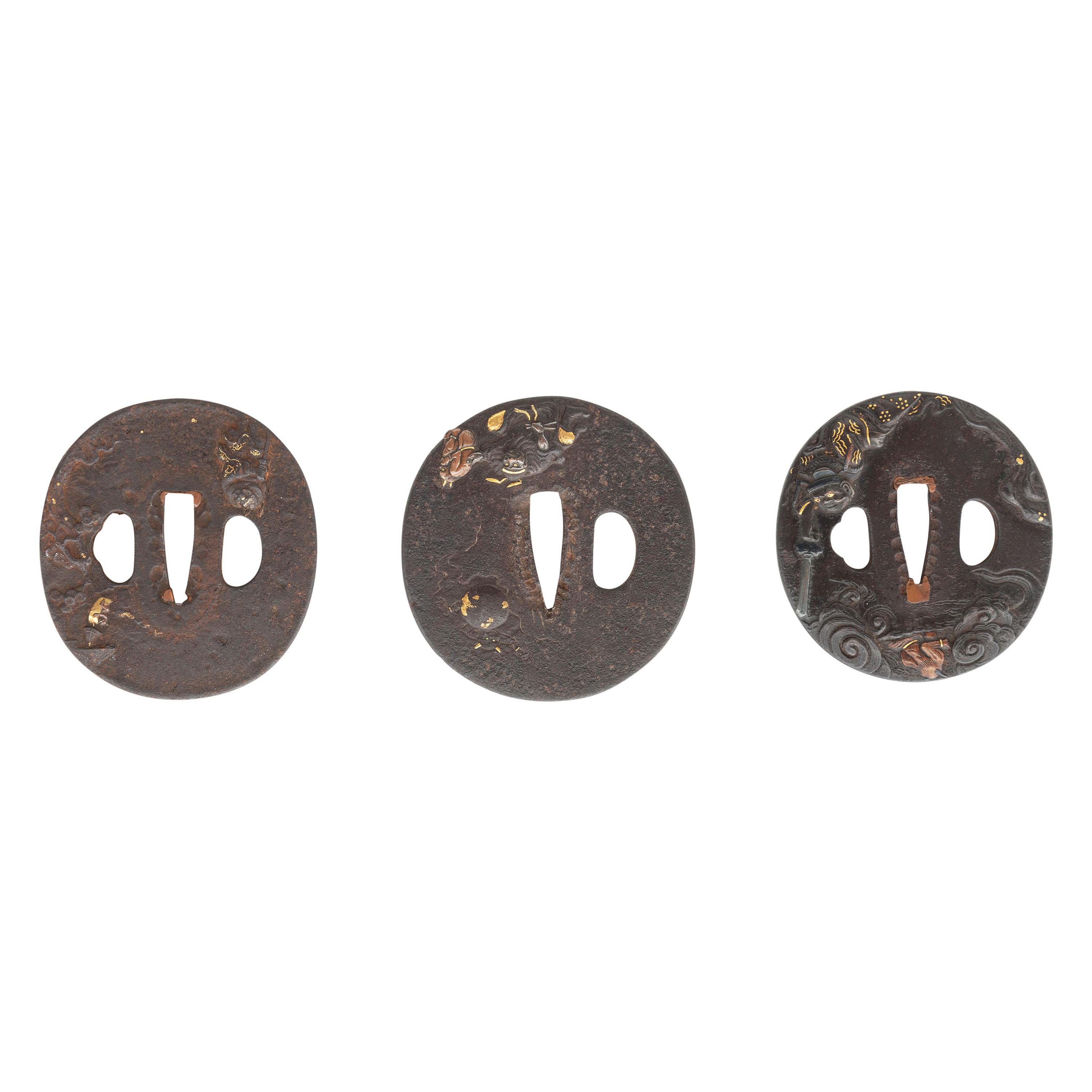 Lot of 3 Japanese Tsubas with Shoki and Oni Folkloric Motifs
