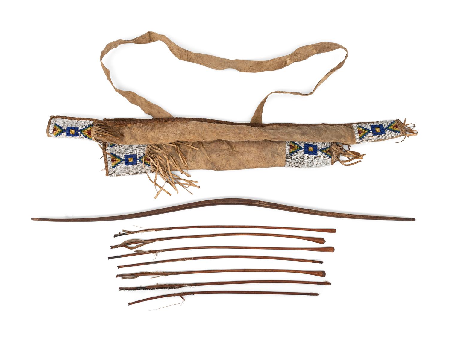 Sioux Beaded Hide Bowcase and Quiver, with Bow and Arrows
