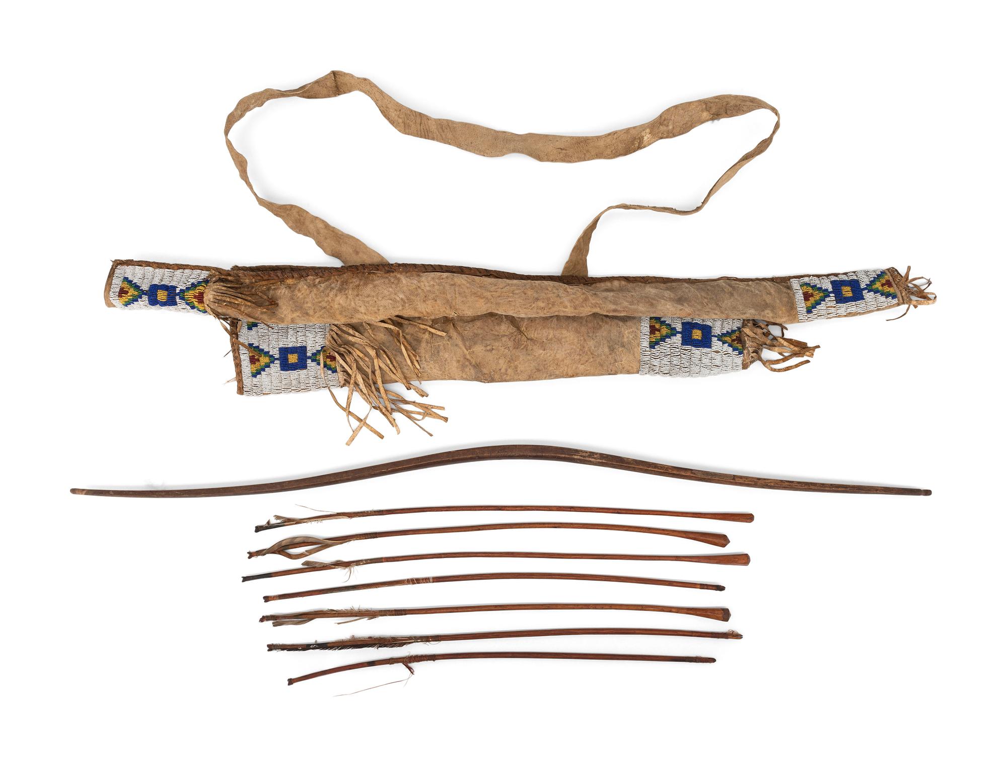 Sioux Beaded Hide Bowcase and Quiver, with Bow and Arrows