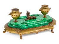 An Egyptian Revival Gilt Bronze and Malachite Veneered Inkwell