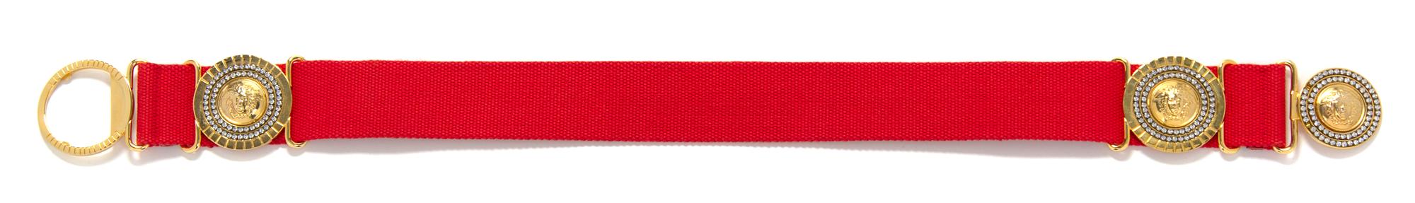 A Gianni Versace Red Canvas Belt, Medallions: 2.25" x 2.25"; Width: 2".