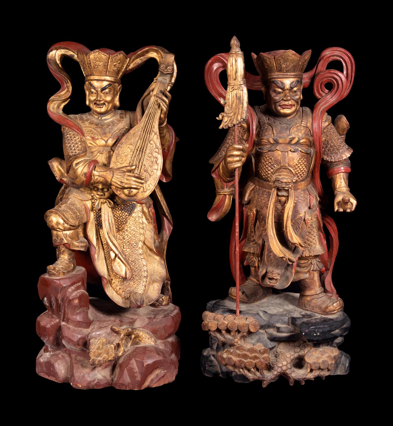 Two Large Gilt and Red Lacquered Wood Figures of Guardians