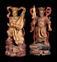 Two Large Gilt and Red Lacquered Wood Figures of Guardians