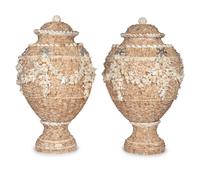 A Pair of Shell-Encrusted Baluster-Form Urns and Covers
