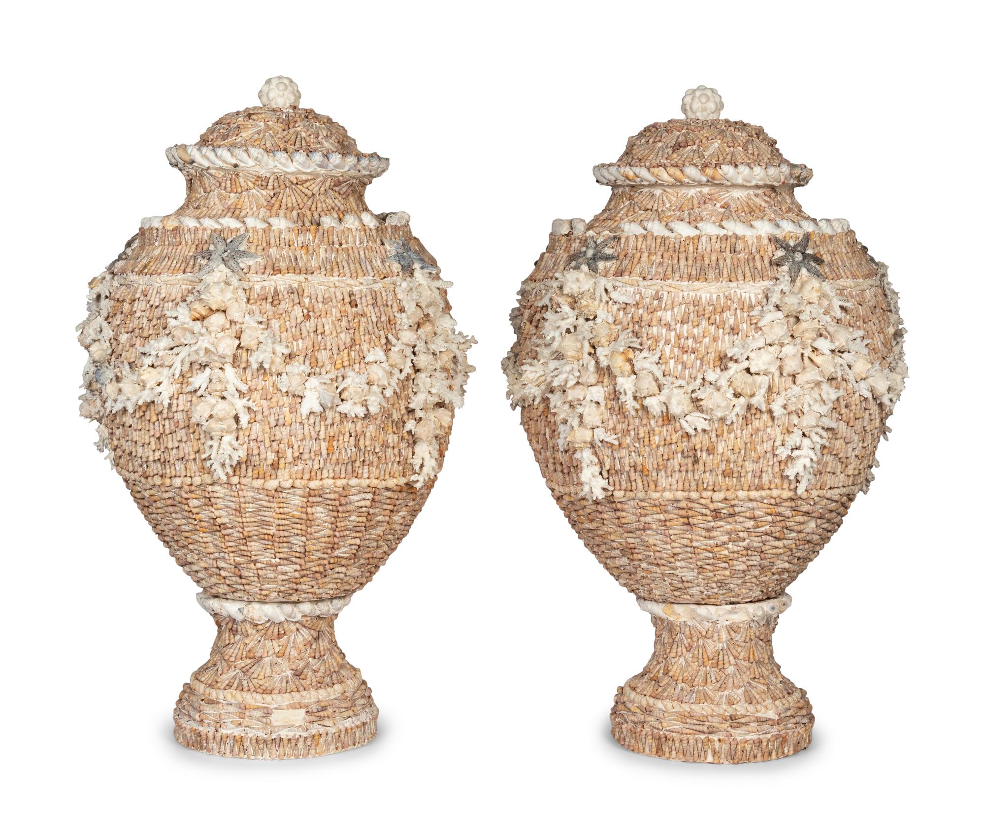 A Pair of Shell-Encrusted Baluster-Form Urns and Covers