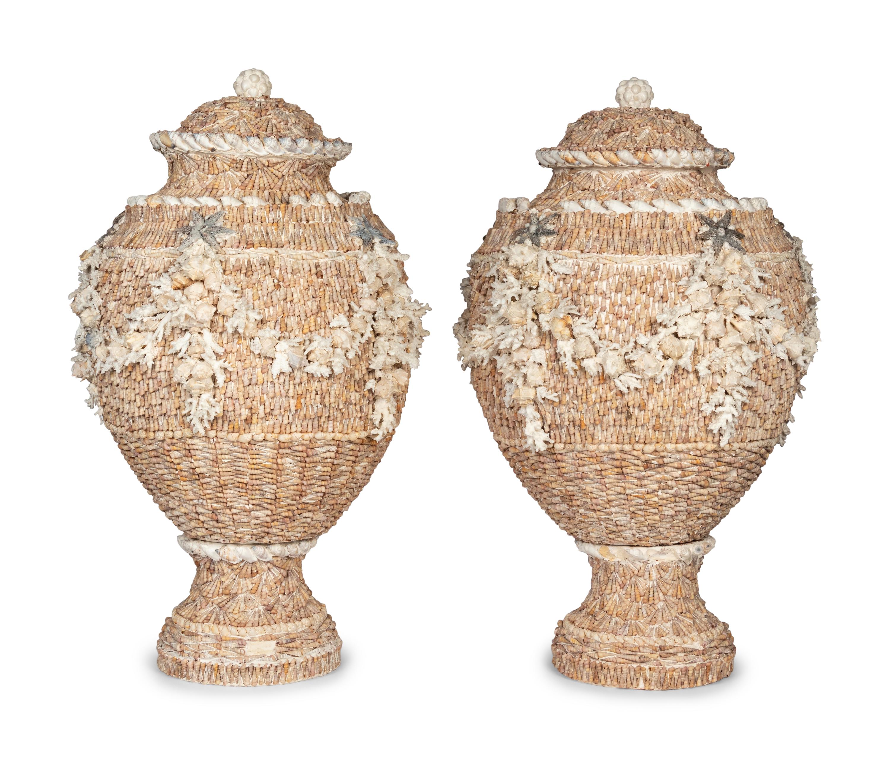 A Pair of Shell-Encrusted Baluster-Form Urns and Covers