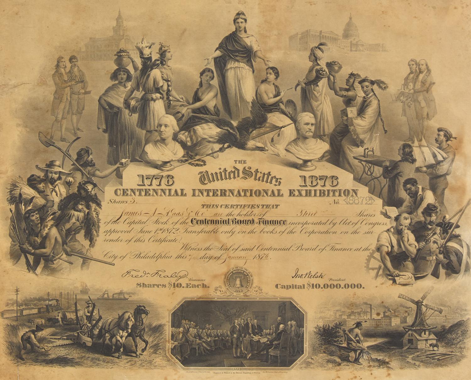 [Americana] Engraved Centennial International Exhibition Stock Certificate