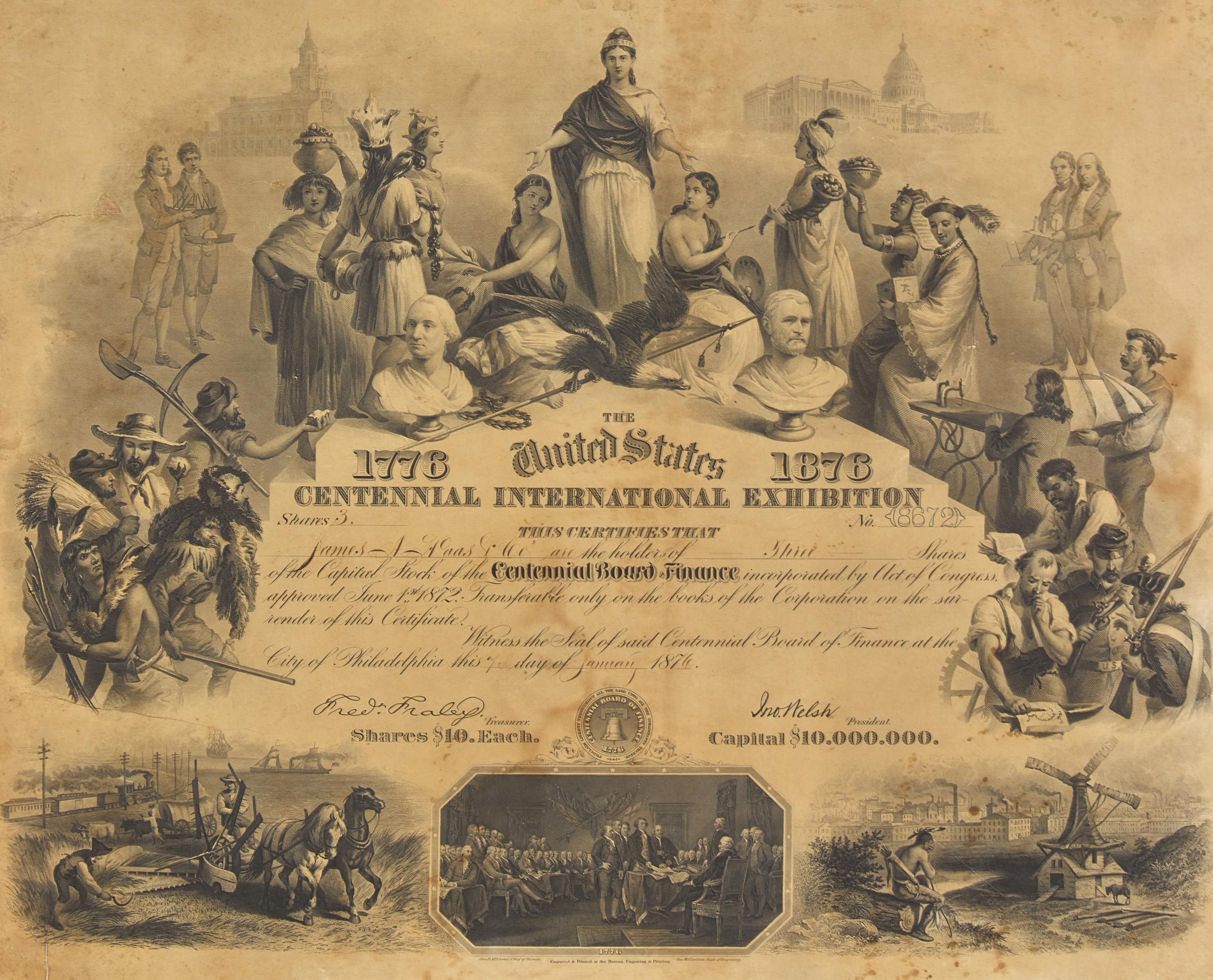 [Americana] Engraved Centennial International Exhibition Stock Certificate