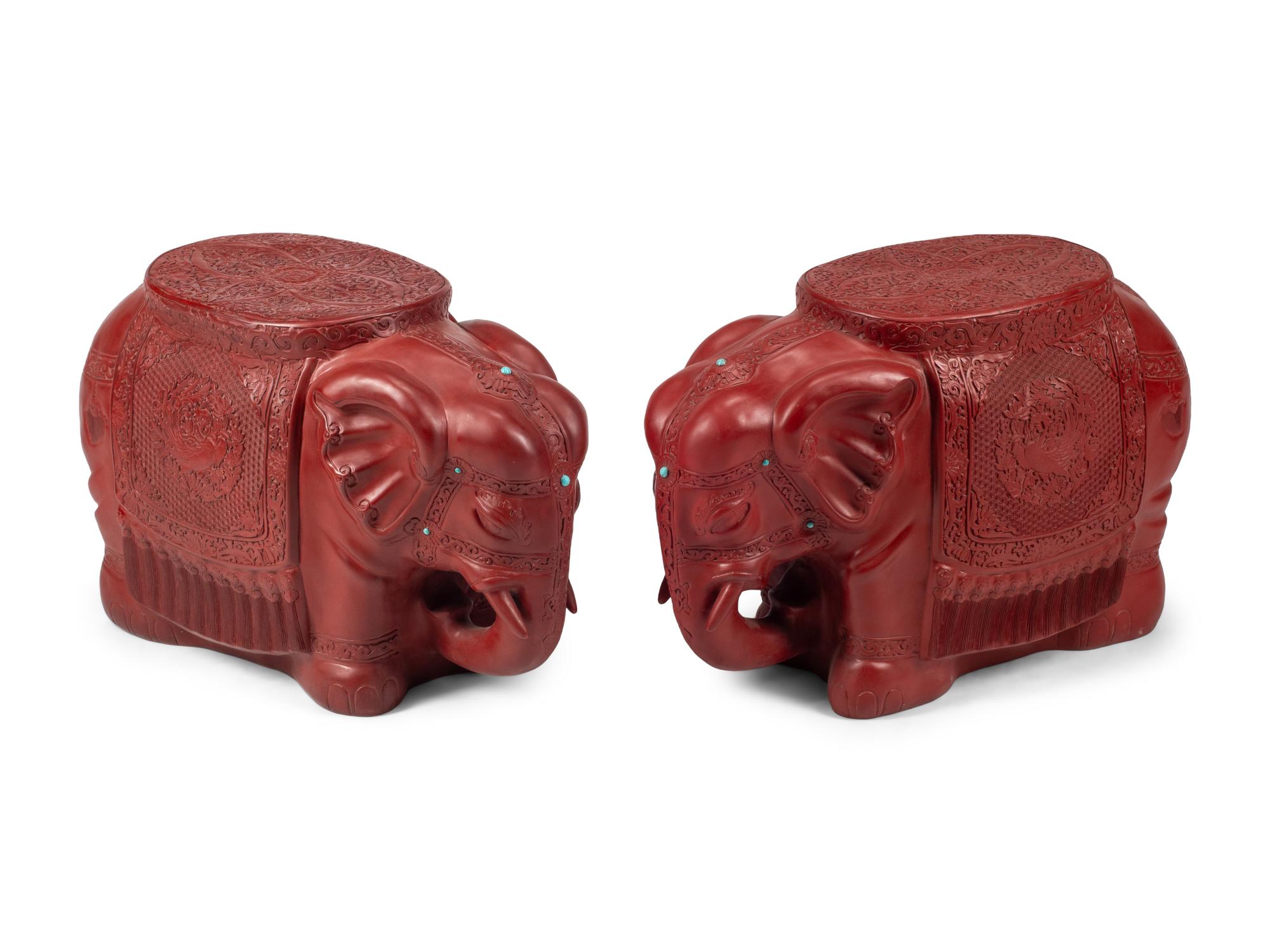 A Pair of Chinese Carved Red Lacquer and Turquoise Cabochon Elephant-Form Stools
