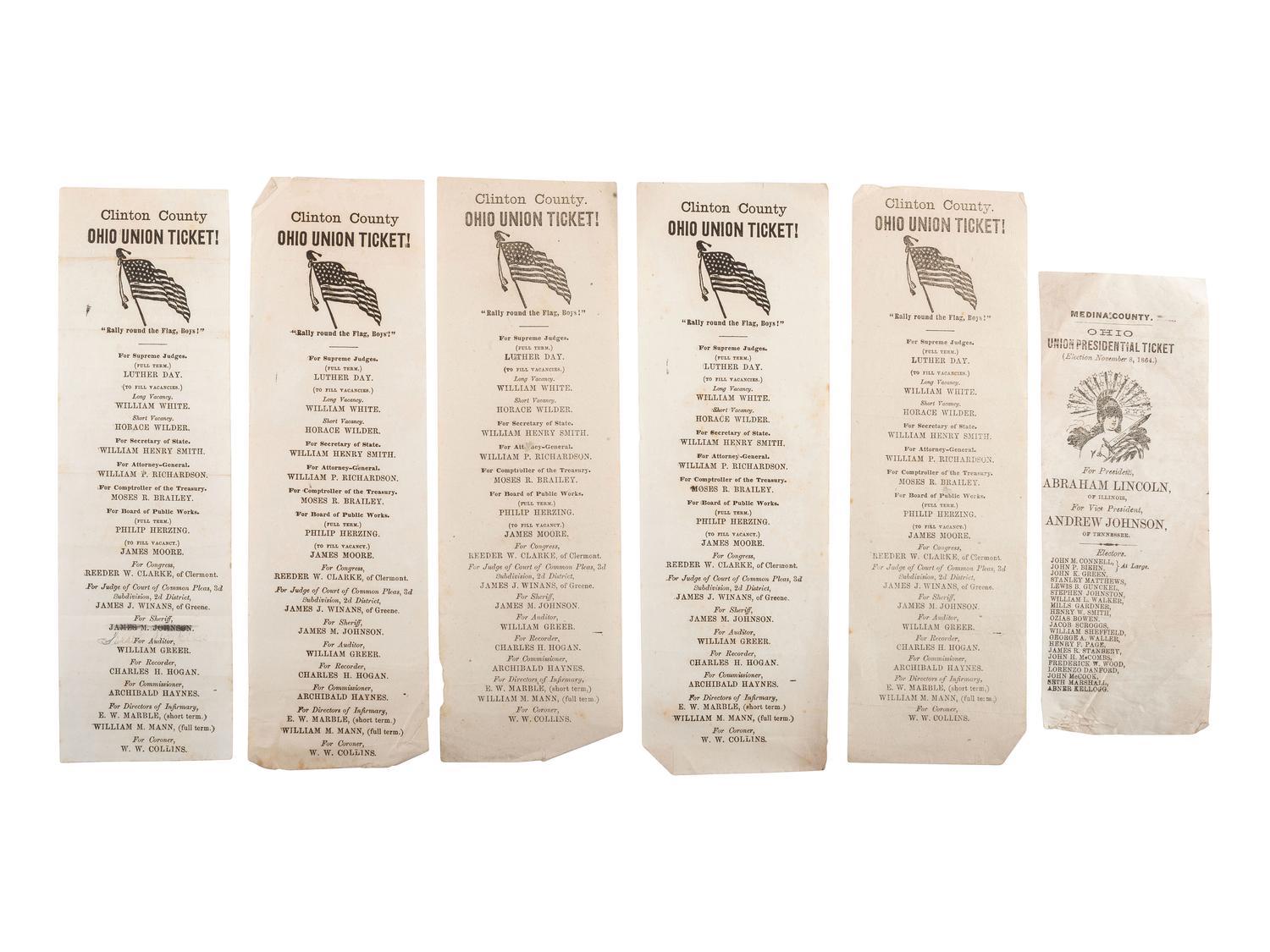 [POLITICS] -- [CIVIL WAR]. A group of 10 Ohio soldiers' ballots from the 1864 election, including Lincoln and Johnson.