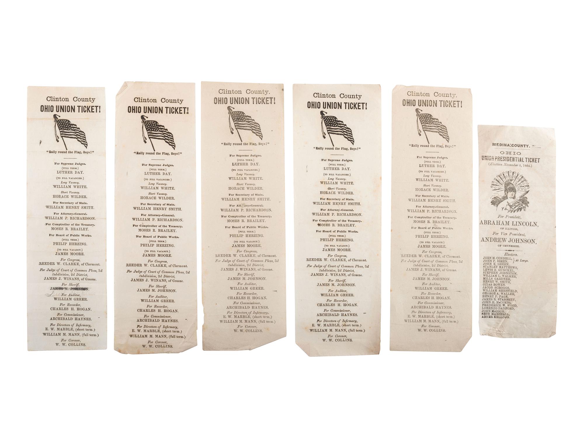 [POLITICS] -- [CIVIL WAR]. A group of 10 Ohio soldiers' ballots from the 1864 election, including Lincoln and Johnson.