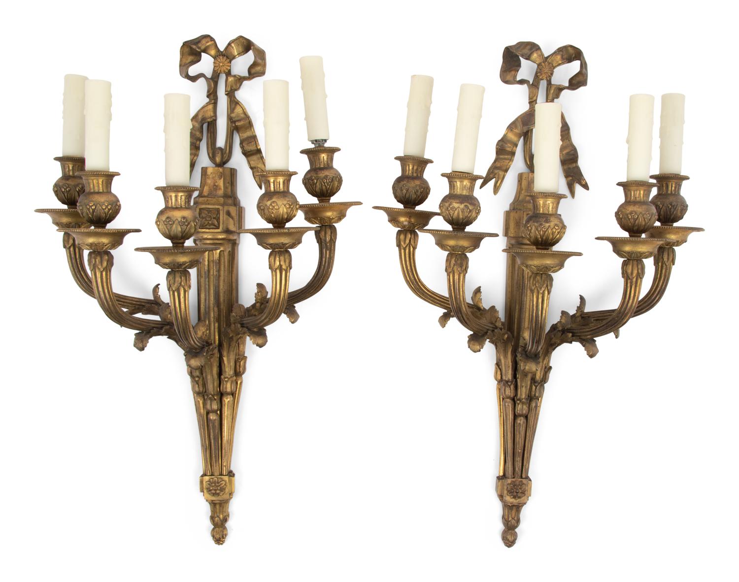 A Pair of Louis XVI Style Gilt Bronze Five-Light Sconces