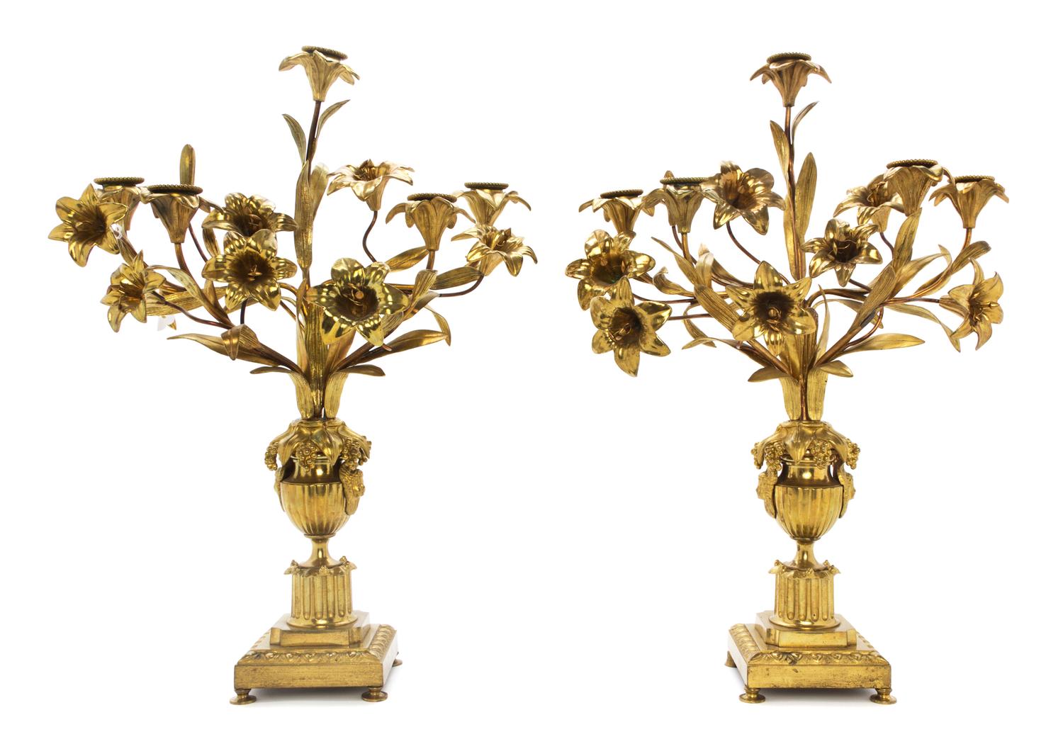 A Pair of Victorian Gilt Metal Five-Light Candelabra, Height 20 inches.