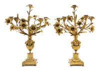 A Pair of Victorian Gilt Metal Five-Light Candelabra, Height 20 inches.