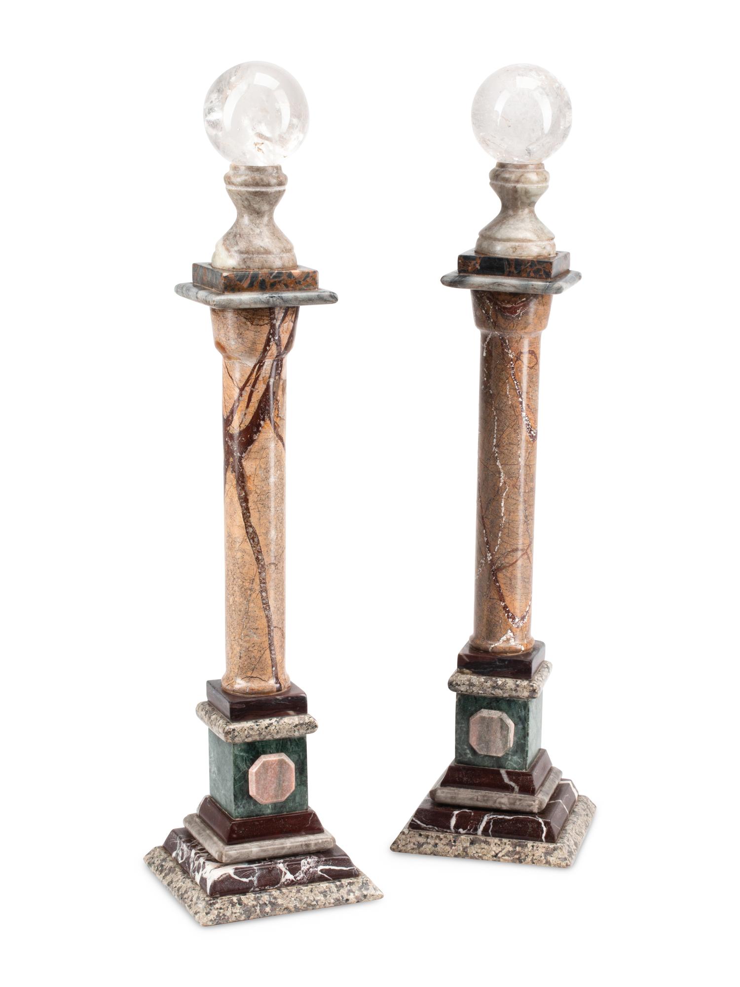 A Pair of Grand Tour Style Vari-Color Marble and Rock Crystal Column Ornaments