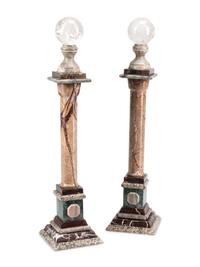 A Pair of Grand Tour Style Vari-Color Marble and Rock Crystal Column Ornaments