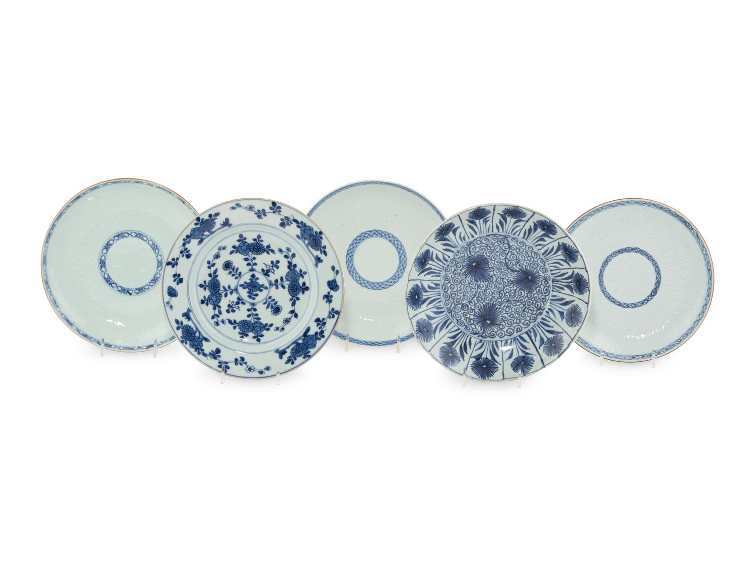 Five Chinese Export Blue and White Porcelain Plates