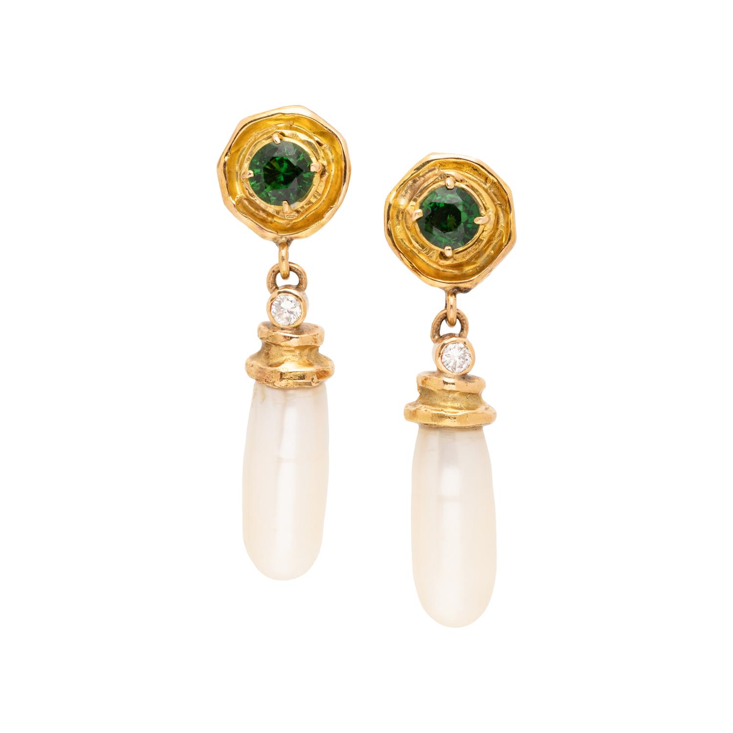 GREEN TOURMALINE, DIAMOND, AND CULTURED PEARL CLIP EARRINGS