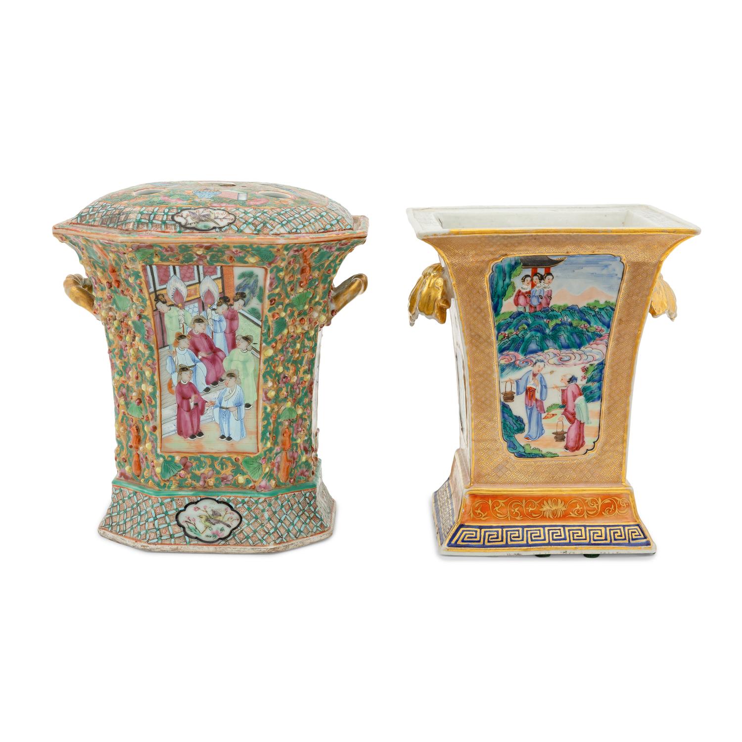 Two Chinese Export Gilt and Enamel Porcelain Bough Pots