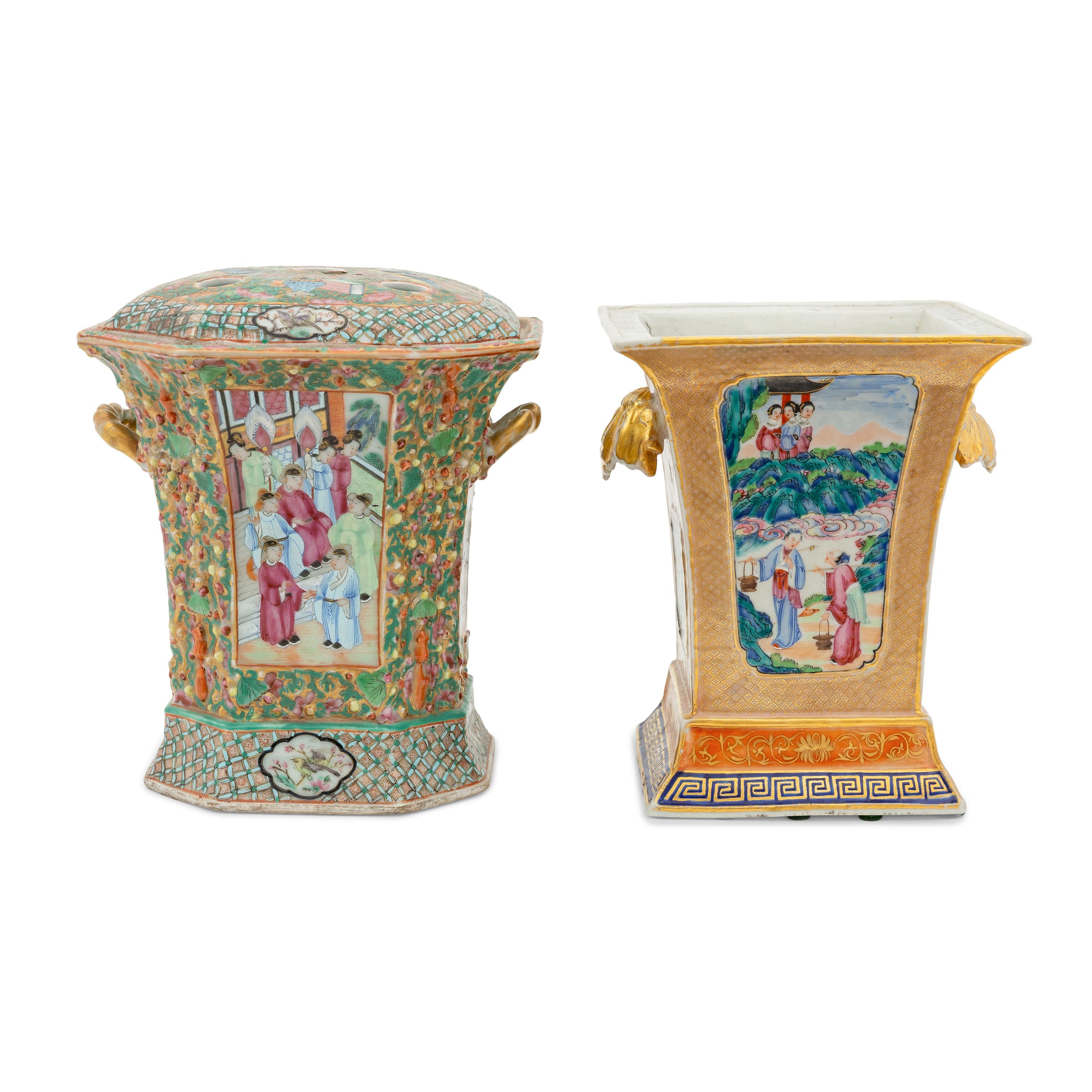 Two Chinese Export Gilt and Enamel Porcelain Bough Pots
