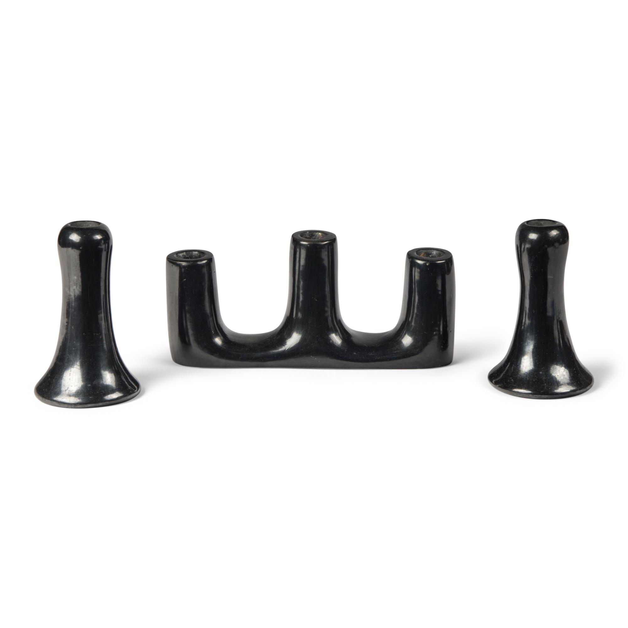 Santana and Adam Martinez (San Ildefonso, 1909-2002 / 1903-ca 2000) — Blackware Pottery Candlestick Holders, PLUS
