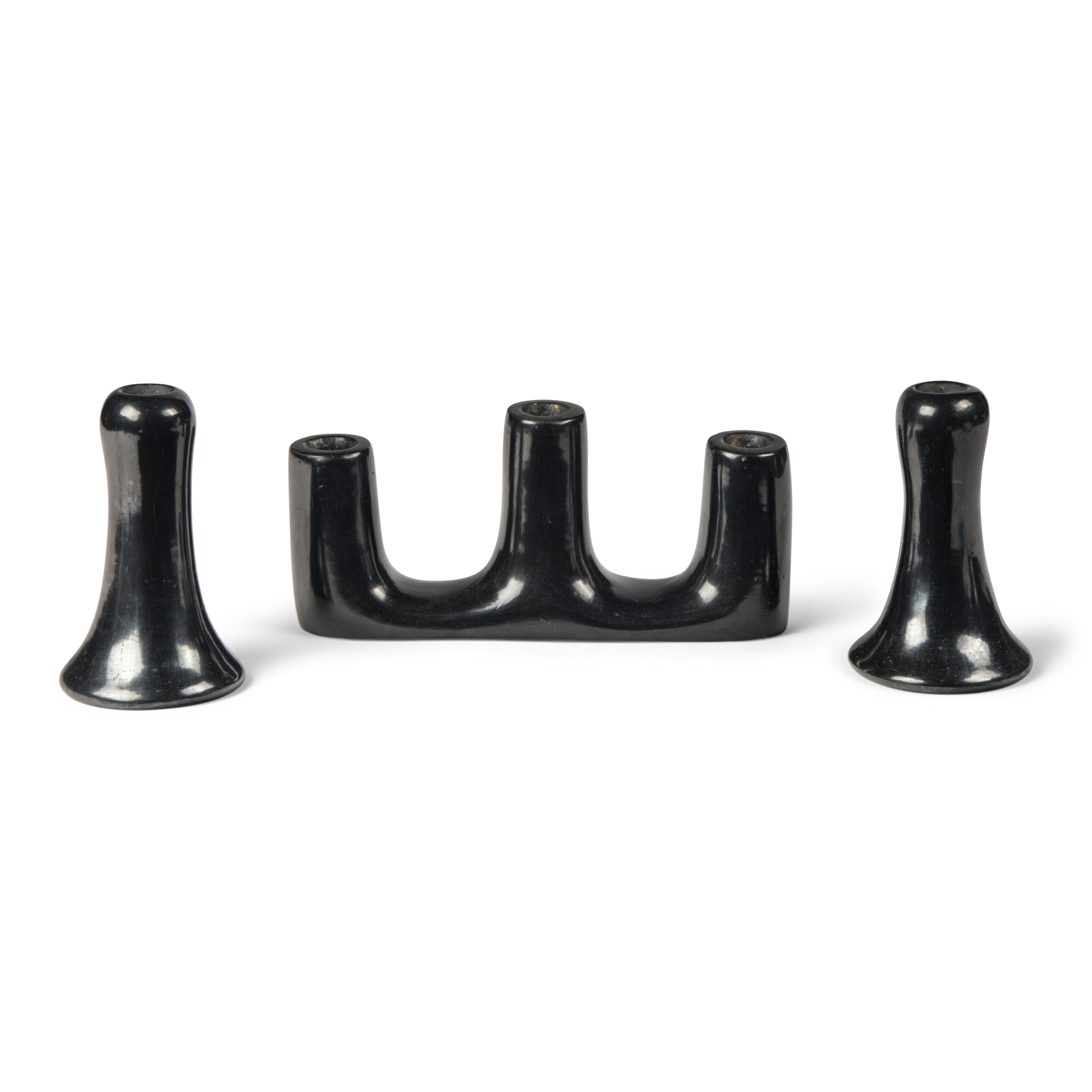 Santana and Adam Martinez (San Ildefonso, 1909-2002 / 1903-ca 2000) — Blackware Pottery Candlestick Holders, PLUS