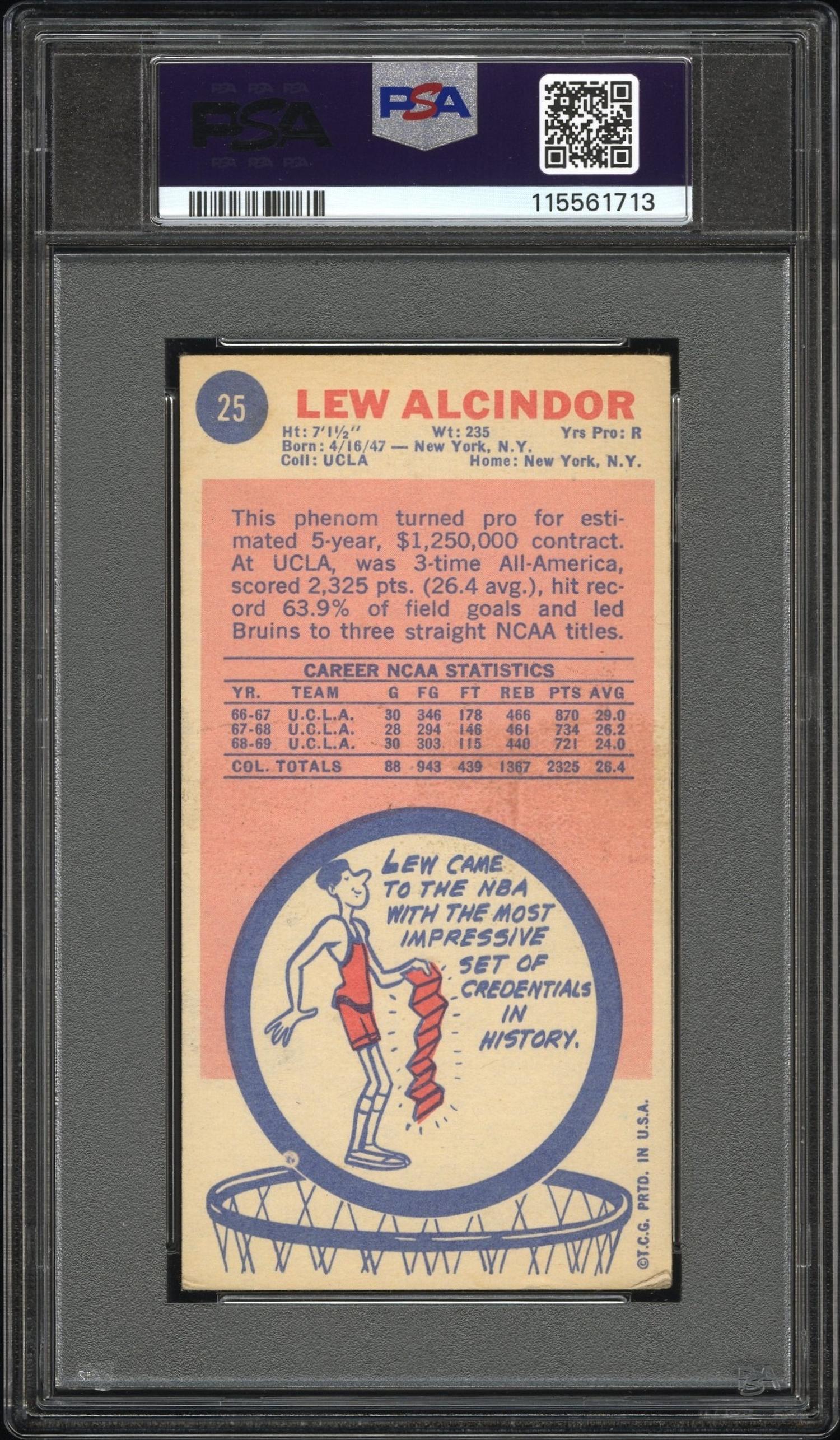 A 1969 Topps Kareem Abdul Jabbar (Lew Alcindor) Rookie Basketball Card No. 25 (PSA 3 VG)