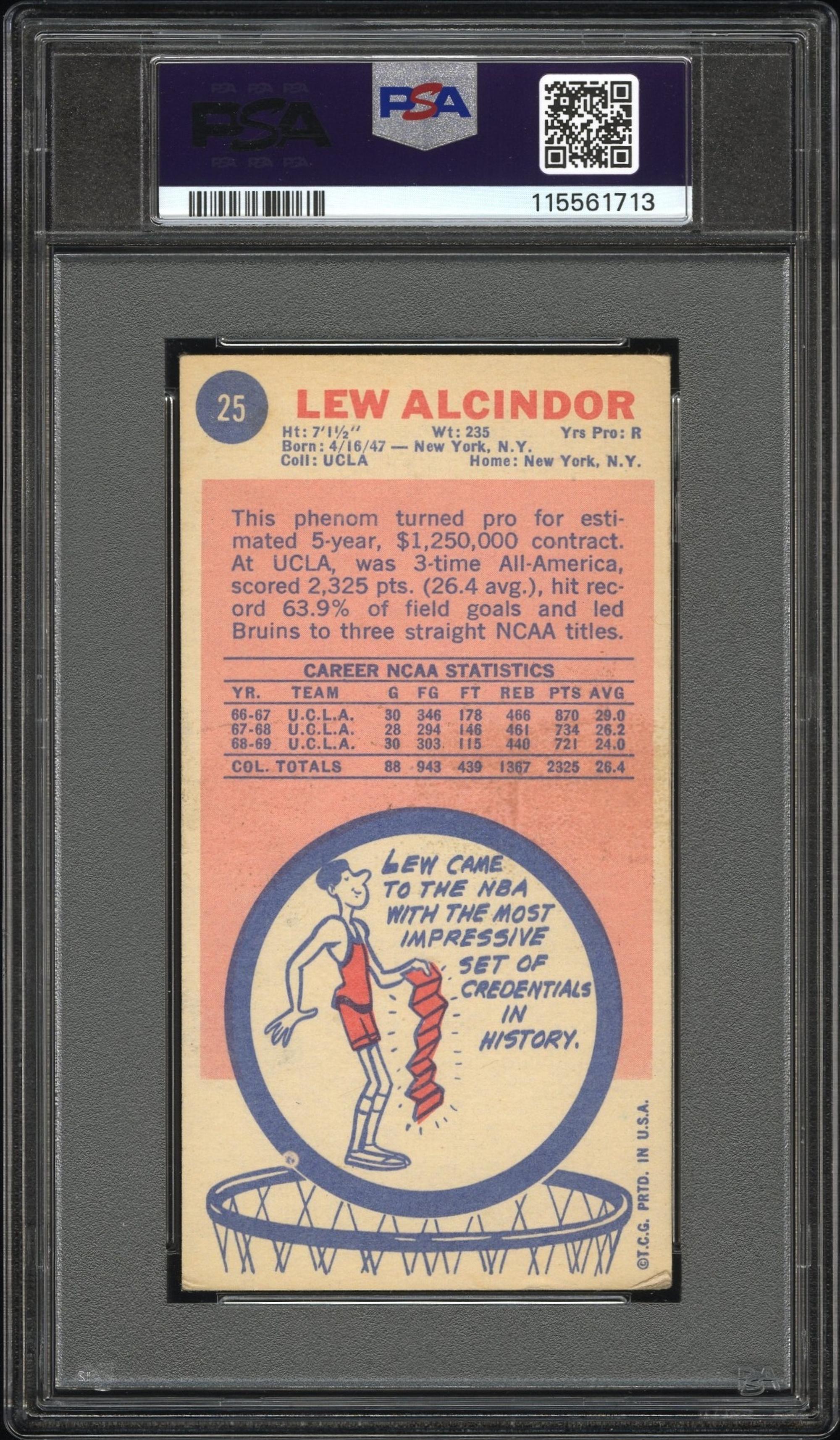 A 1969 Topps Kareem Abdul Jabbar (Lew Alcindor) Rookie Basketball Card No. 25 (PSA 3 VG)