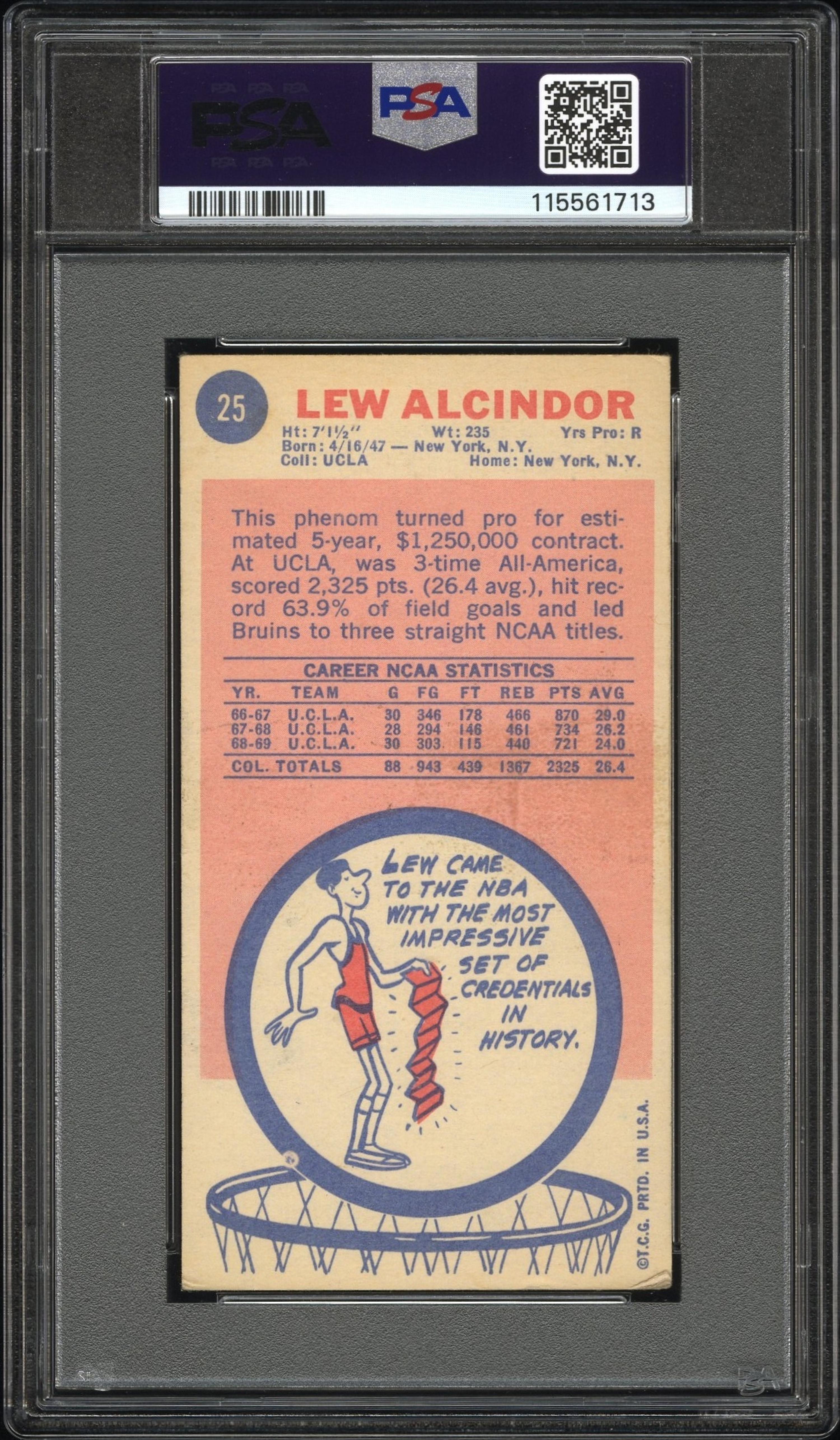 A 1969 Topps Kareem Abdul Jabbar (Lew Alcindor) Rookie Basketball Card No. 25 (PSA 3 VG)