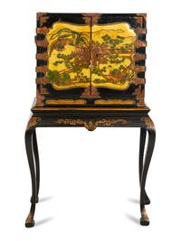 An Edwardian Polychromed Lacquer and Parcel Gilt Chinoiserie Cabinet on Stand