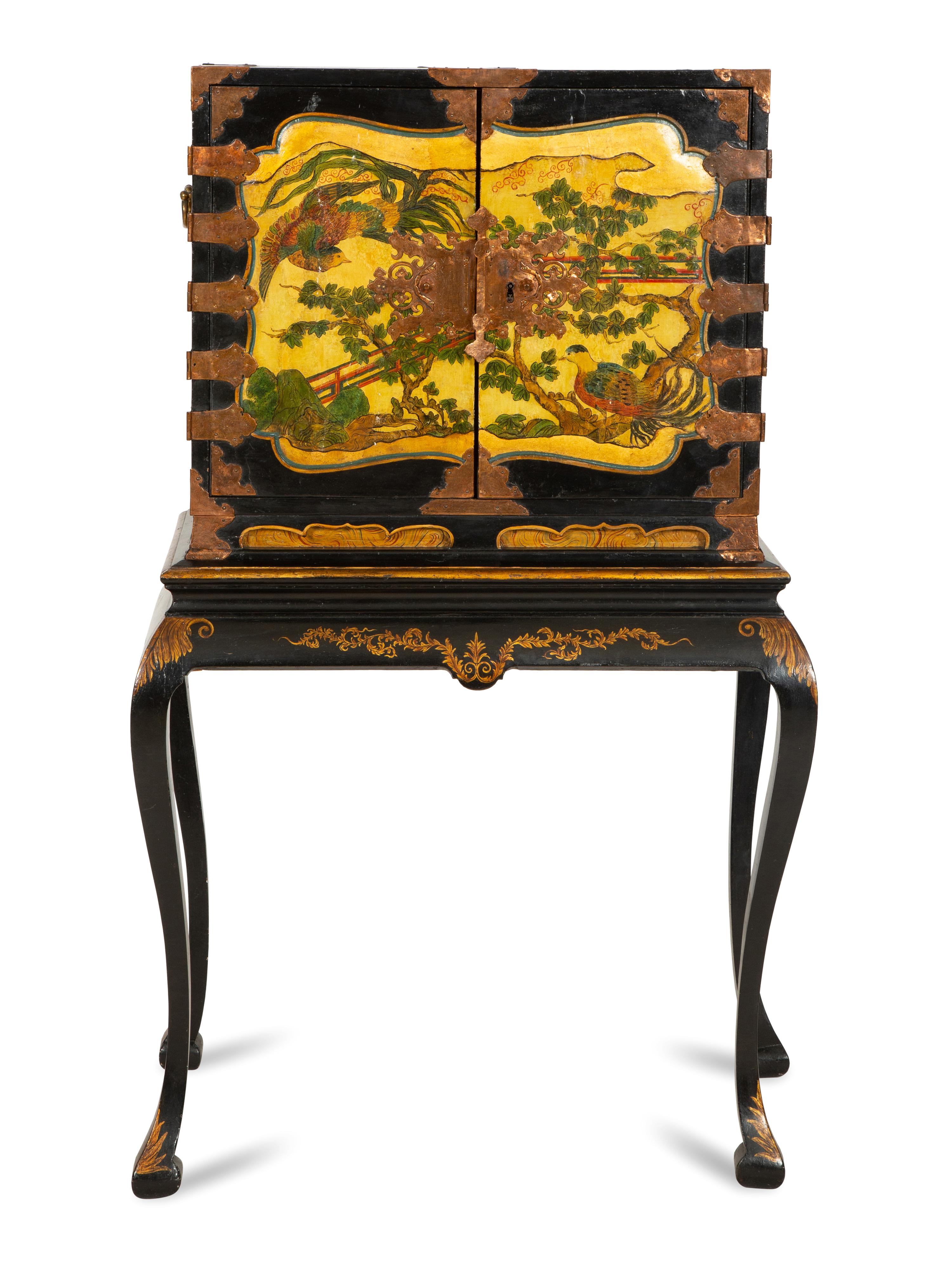 An Edwardian Polychromed Lacquer and Parcel Gilt Chinoiserie Cabinet on Stand