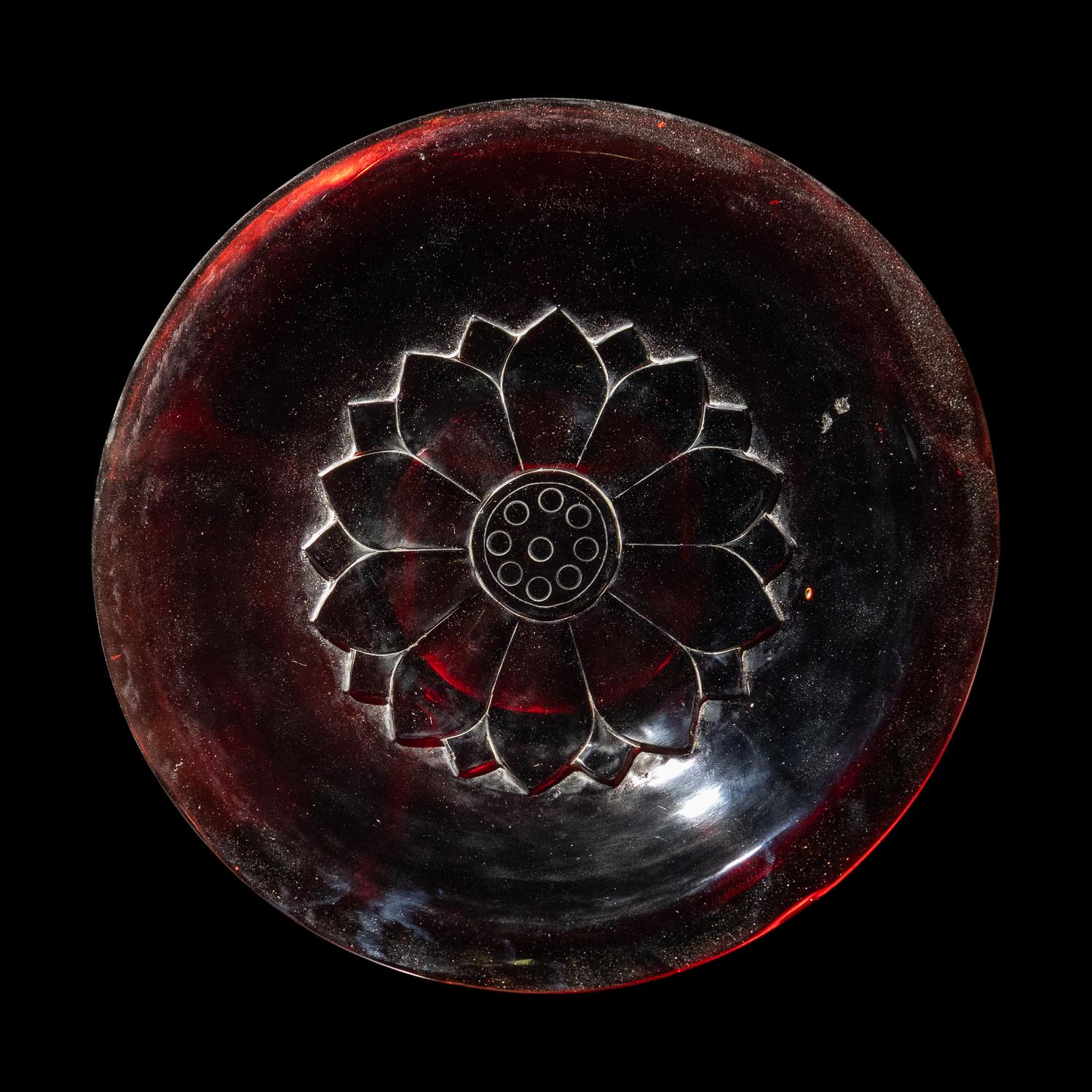 A Chinese Carved Ruby Red 'Lotus' Peking Glass Plate, Late 19th-Early 20th Century 晚清-民國 寶石紅料蓮紋賞盤