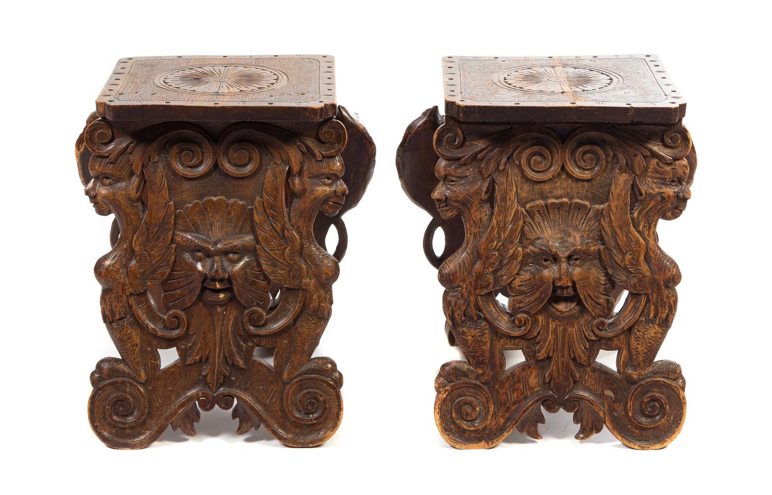 A Pair of Renaissance Revival Hall Stools Height 19 1/4 inches.
