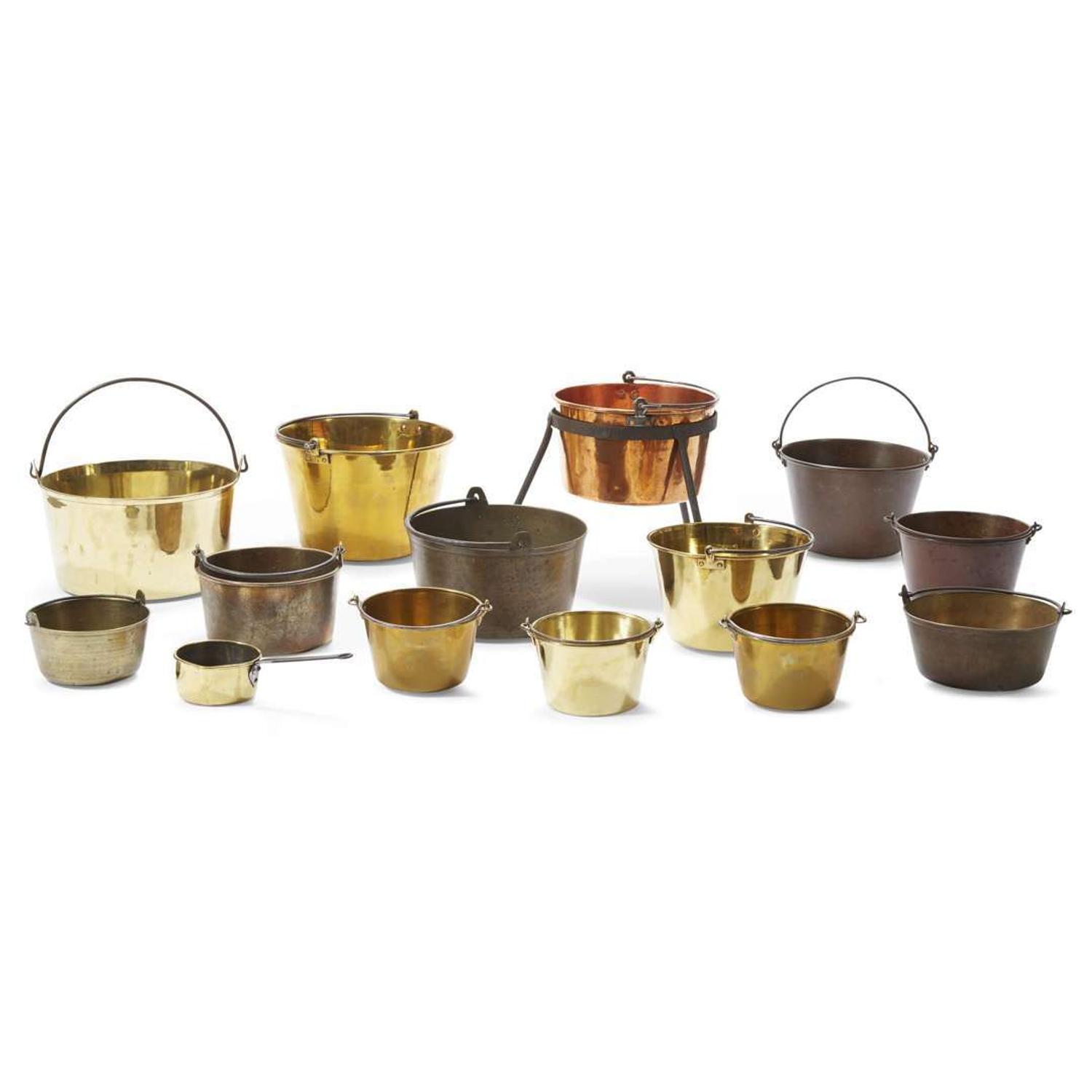 Group of fourteen brass and copper pots Various makers, 19th century