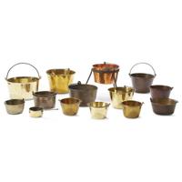 Group of fourteen brass and copper pots Various makers, 19th century