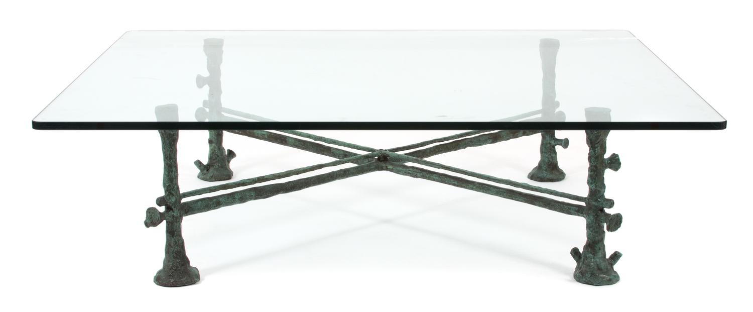 A Bronze and Glass Top Low Table Height 16 x width 52 x depth 58 inches. — 20TH CENTURY