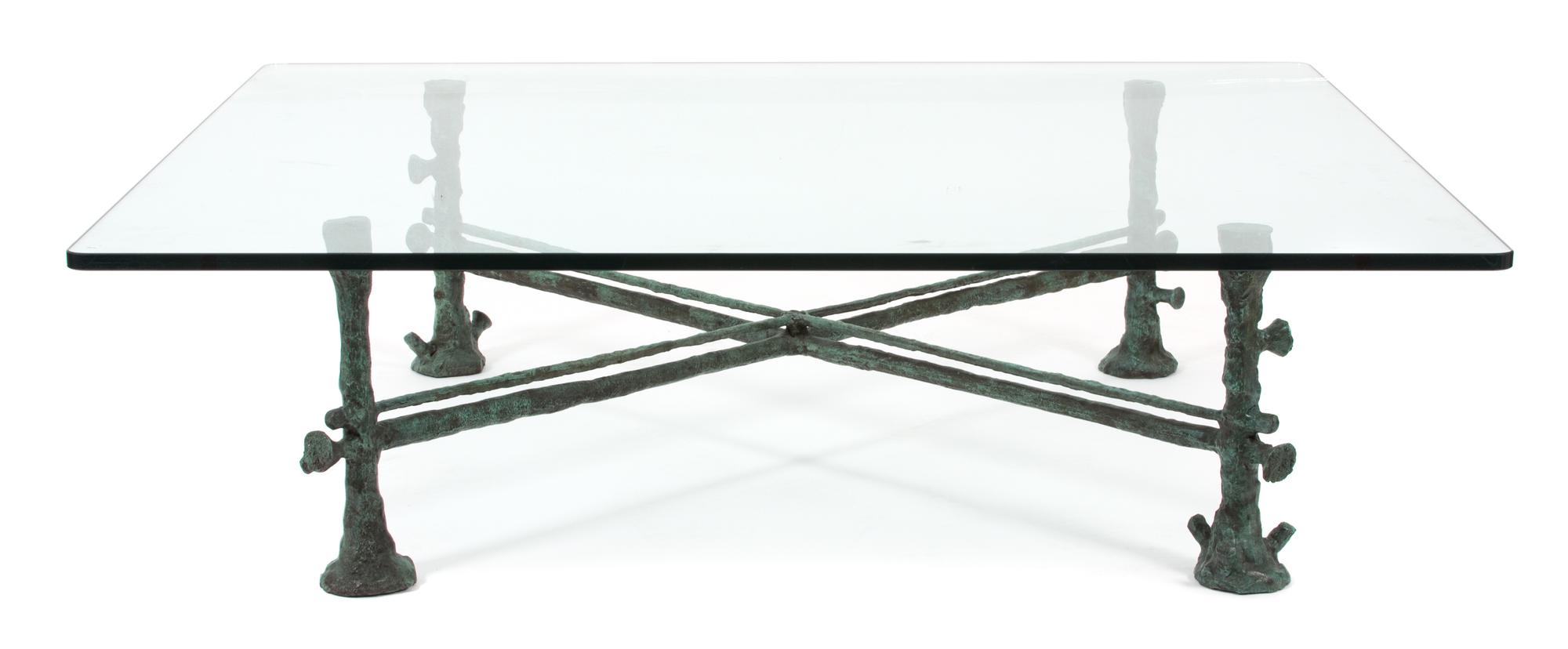 A Bronze and Glass Top Low Table Height 16 x width 52 x depth 58 inches. — 20TH CENTURY