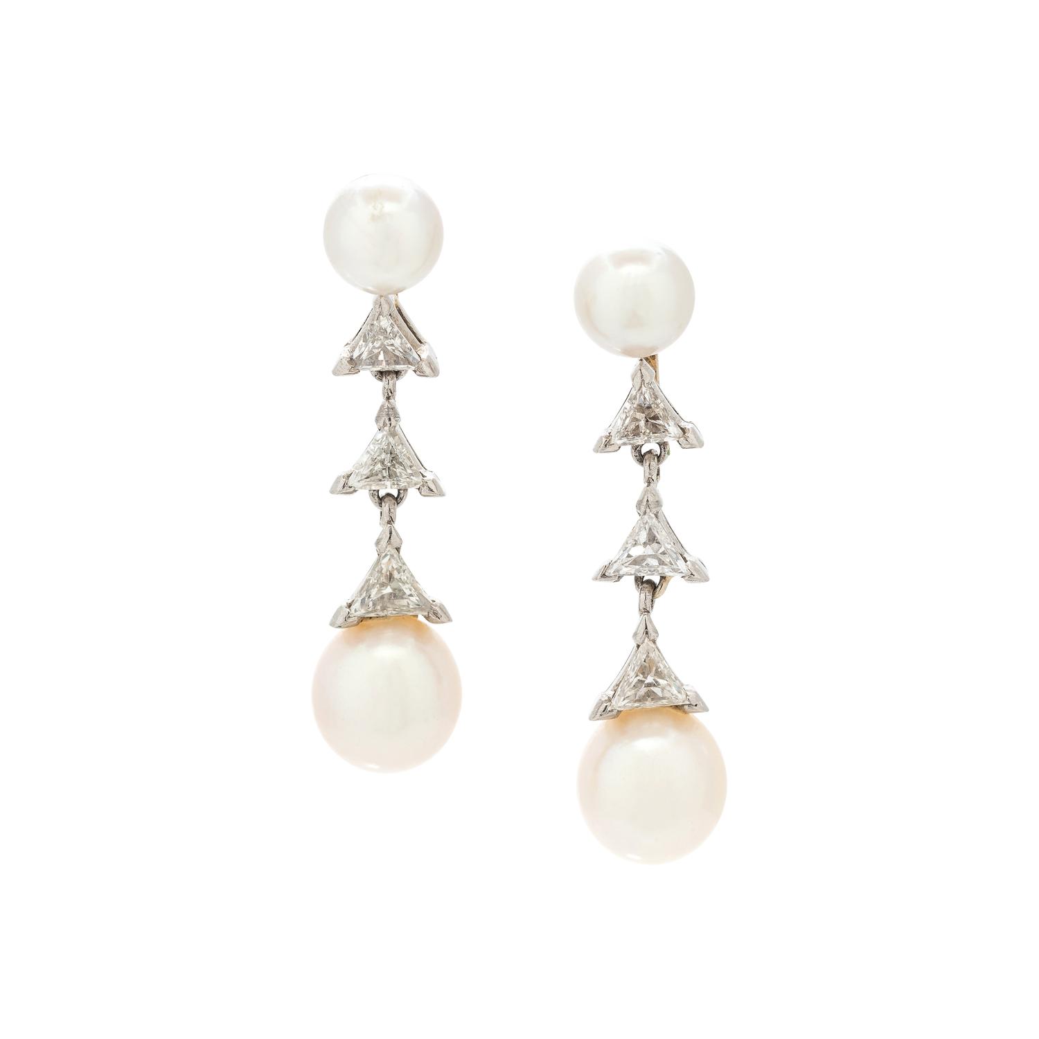 CULTURED PEARL AND DIAMOND DROP EARRINGS