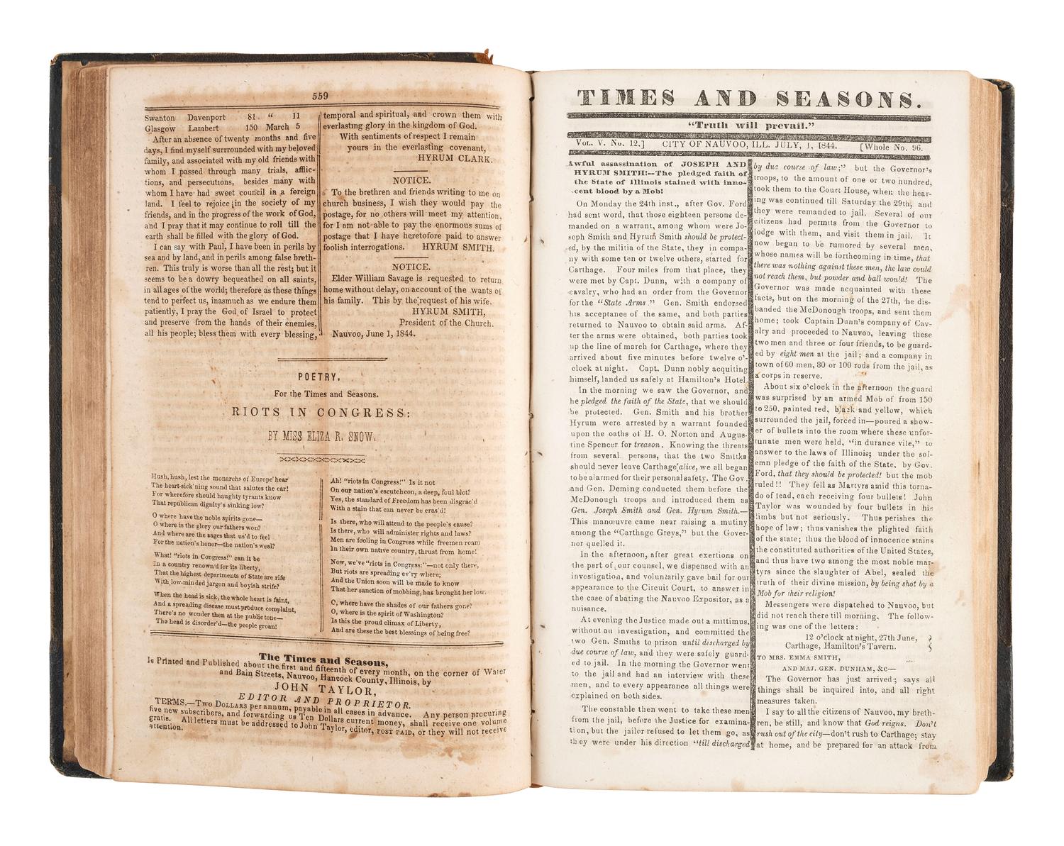 [MORMONISM]. The Times and Seasons, Containing a Compendium of Intelligence Pertaining to the Upbuilding of the Kingdom of God..... Vol. V & VI. Nauvoo, IL: John Taylor, 1844-1846.