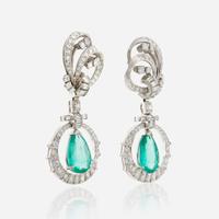 A pair of emerald, diamond, and platinum pendant ear clips, Mauboussin