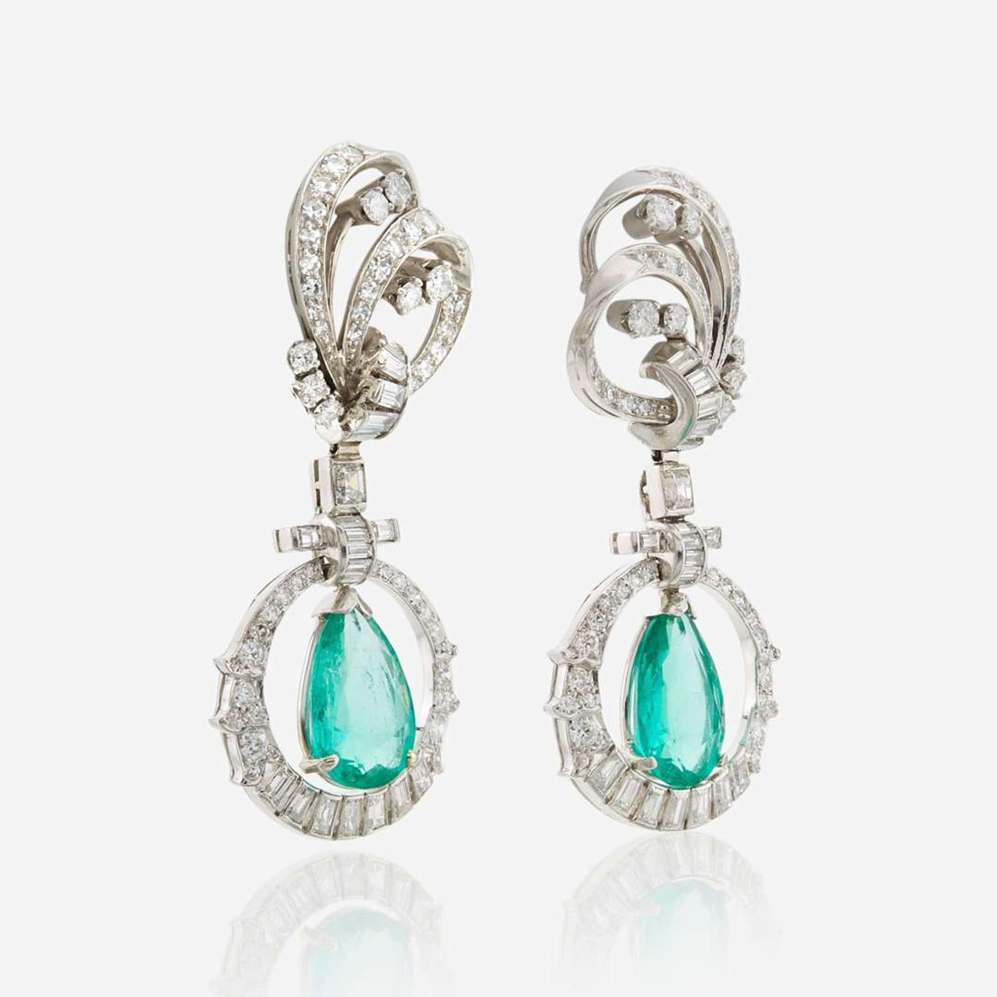 A pair of emerald, diamond, and platinum pendant ear clips, Mauboussin