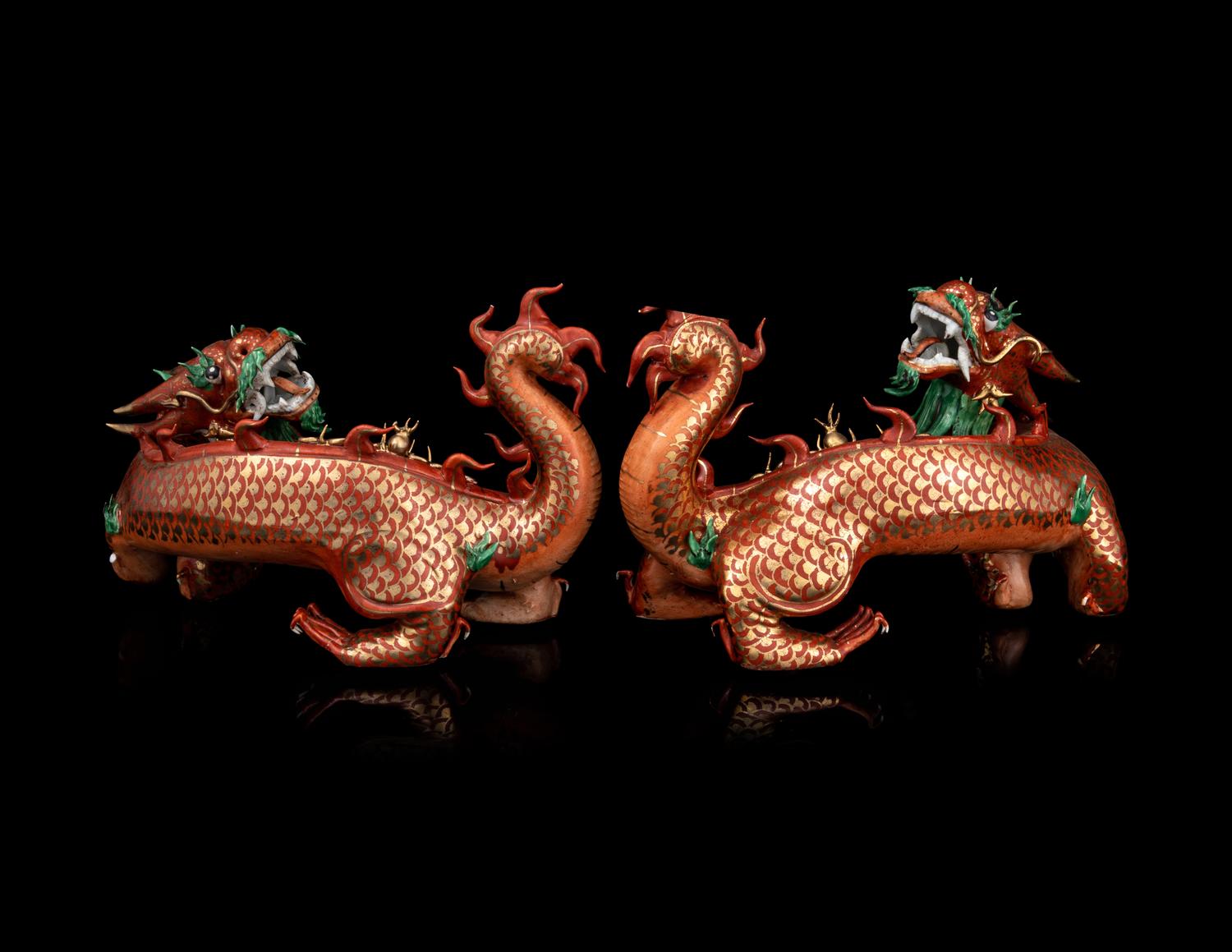 A Pair of Chinese Coral-Ground Gilt and Green Enameled Porcelain Dragons